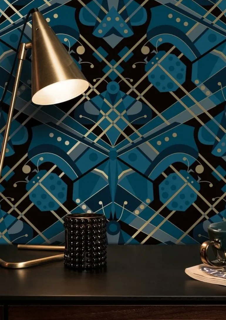 Art deco goud behang animaux butterfly - blauw