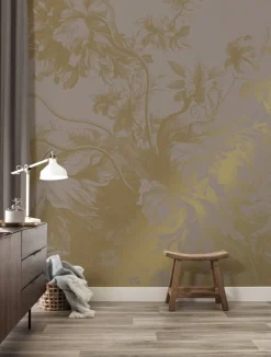 Engraved flowers goud behang MW-018 - 400x280cm