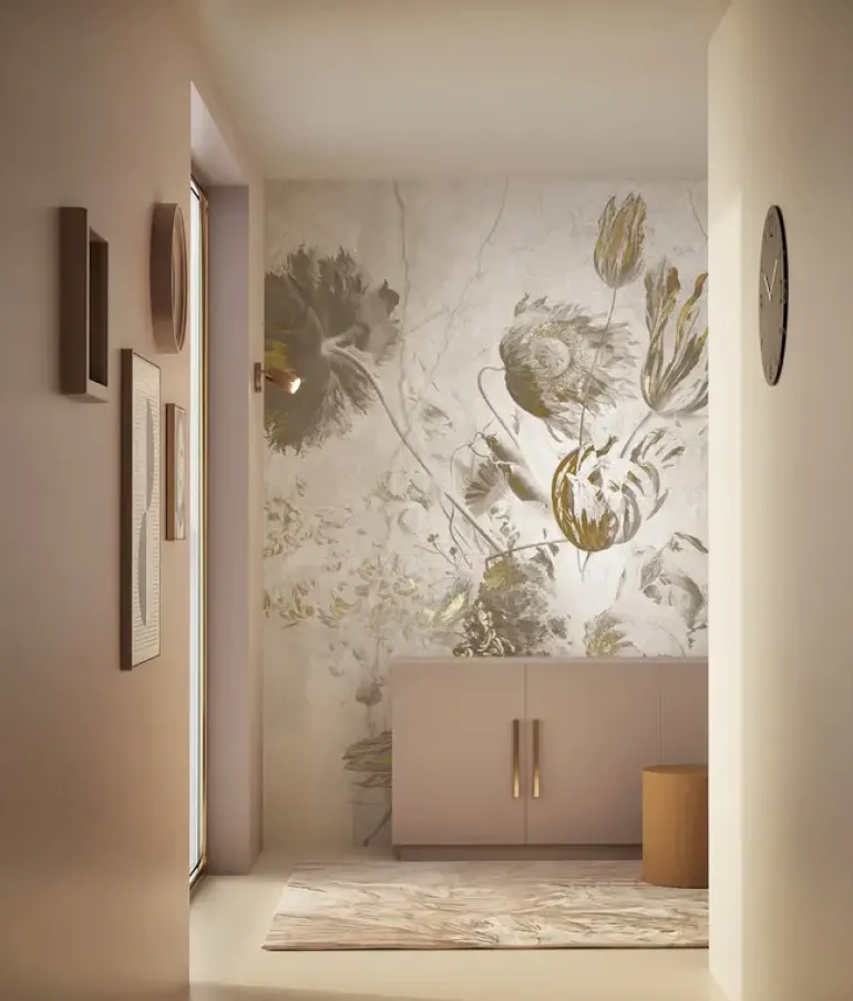 Fresco Flowers behang FU-060 - 194,8x280cm goud/wit