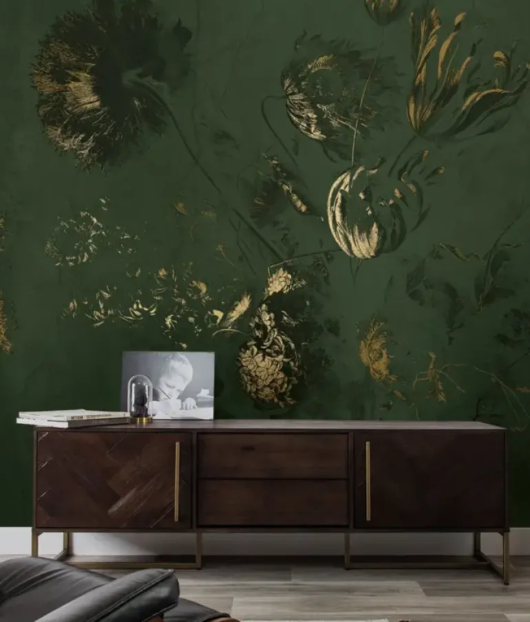 Fresco Flowers behang FU-058 - 292,2x280cm goud/groen