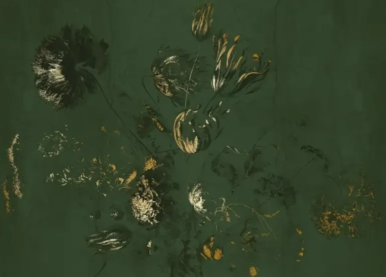 Fresco Flowers behang FU-058 - 292,2x280cm goud/groen