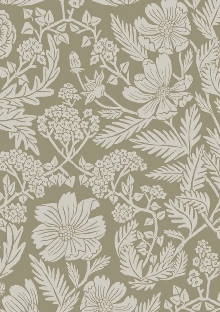 Getekende bloemen behang 100x280cm zand - FR-003